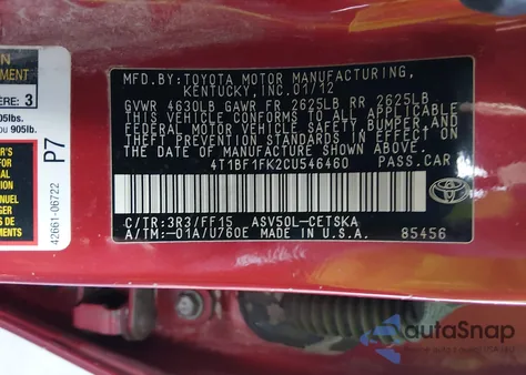 2012 Toyota Camry Se from USA, damaged, VIN 4T1BF1FK2CU546460
